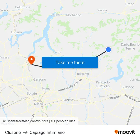 Clusone to Capiago Intimiano map