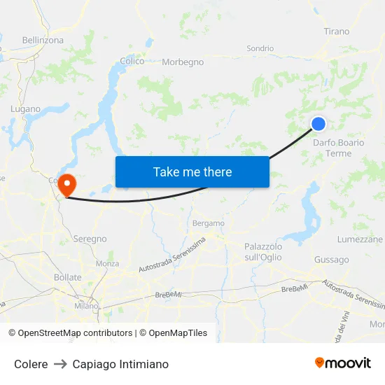 Colere to Capiago Intimiano map