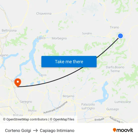 Corteno Golgi to Capiago Intimiano map