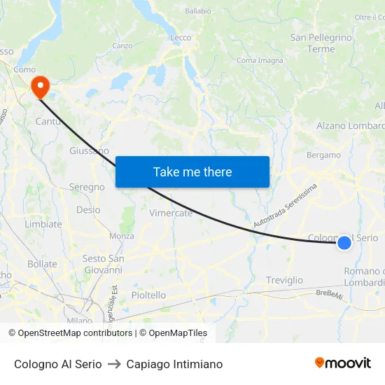 Cologno Al Serio to Capiago Intimiano map