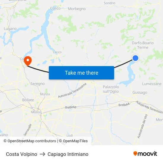Costa Volpino to Capiago Intimiano map