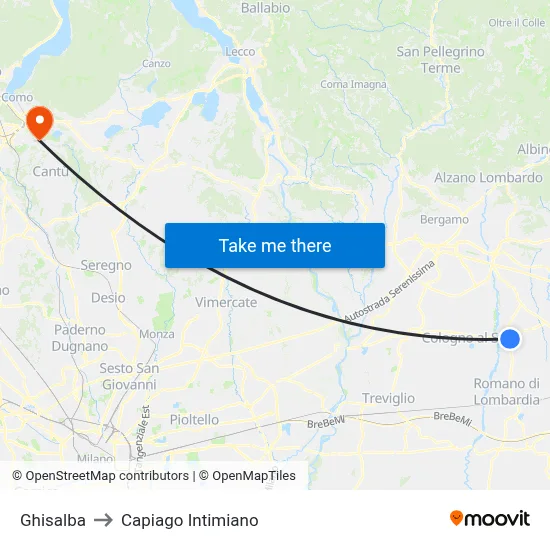 Ghisalba to Capiago Intimiano map