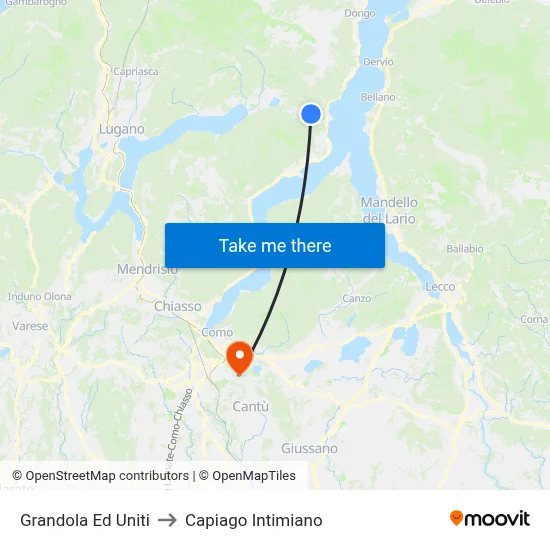 Grandola Ed Uniti to Capiago Intimiano map