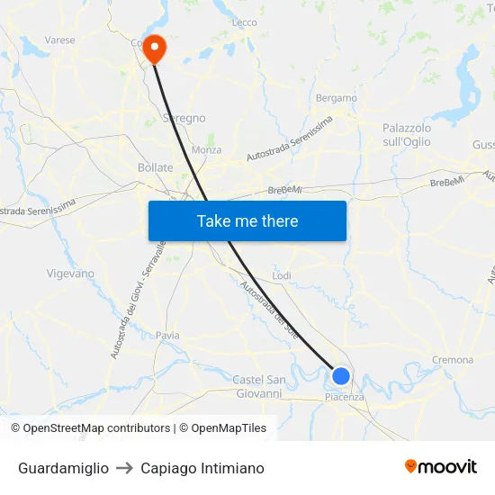 Guardamiglio to Capiago Intimiano map