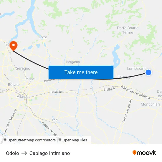 Odolo to Capiago Intimiano map