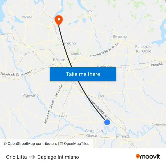 Orio Litta to Capiago Intimiano map