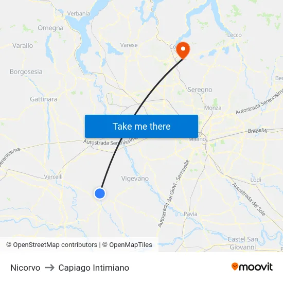 Nicorvo to Capiago Intimiano map