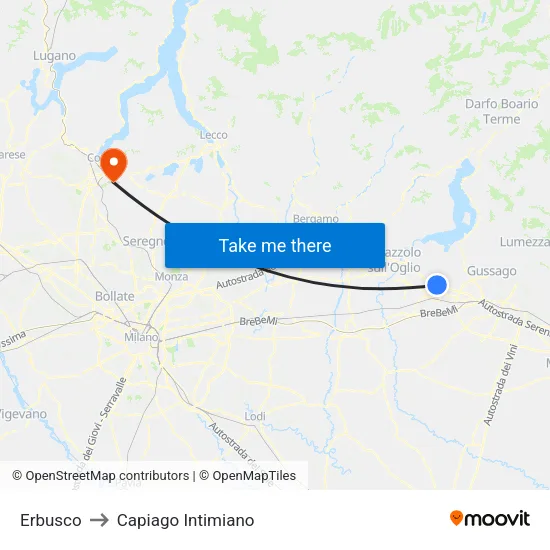 Erbusco to Capiago Intimiano map