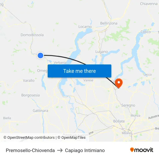 Premosello-Chiovenda to Capiago Intimiano map
