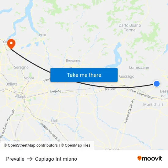 Prevalle to Capiago Intimiano map