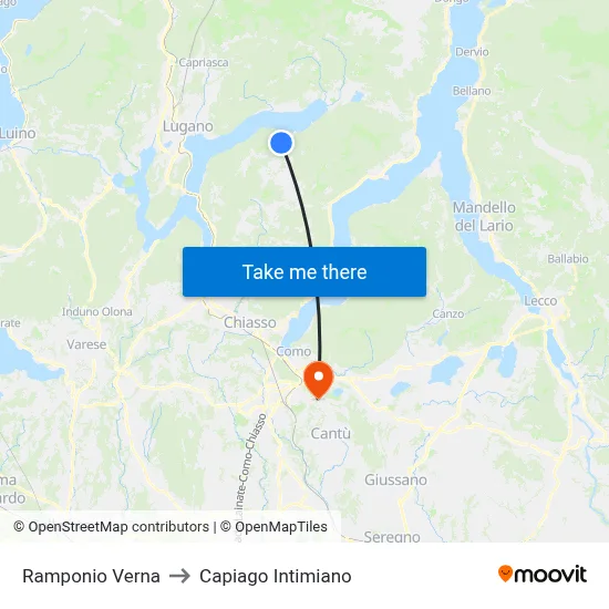 Ramponio Verna to Capiago Intimiano map