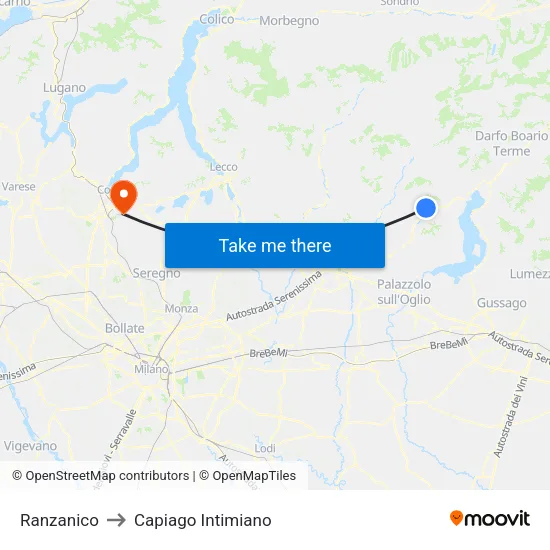 Ranzanico to Capiago Intimiano map
