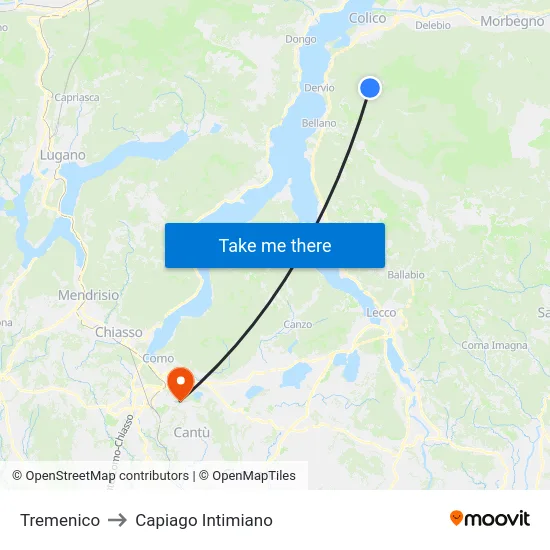 Tremenico to Capiago Intimiano map