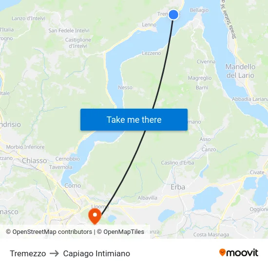 Tremezzo to Capiago Intimiano map