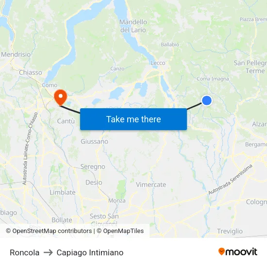 Roncola to Capiago Intimiano map
