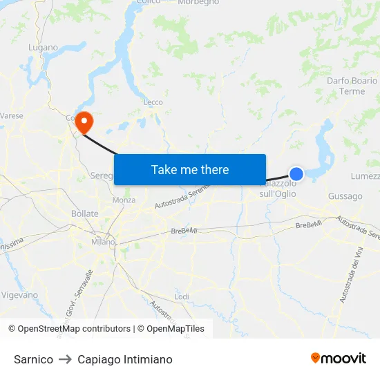 Sarnico to Capiago Intimiano map