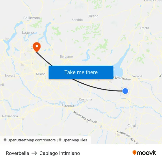 Roverbella to Capiago Intimiano map