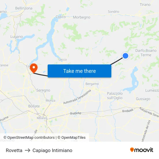 Rovetta to Capiago Intimiano map