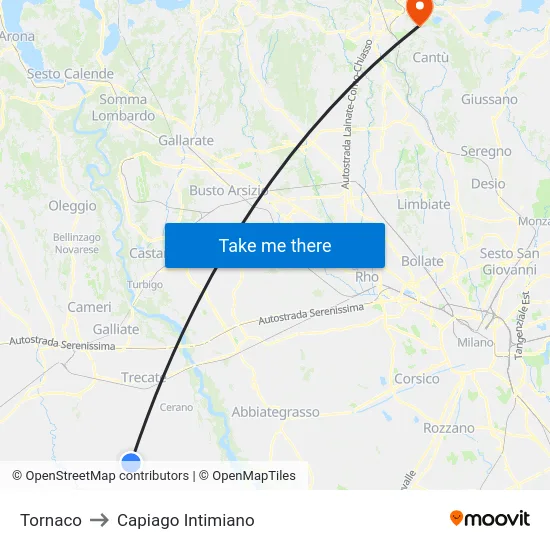 Tornaco to Capiago Intimiano map
