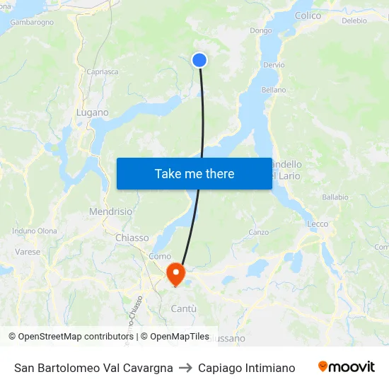 San Bartolomeo Val Cavargna to Capiago Intimiano map