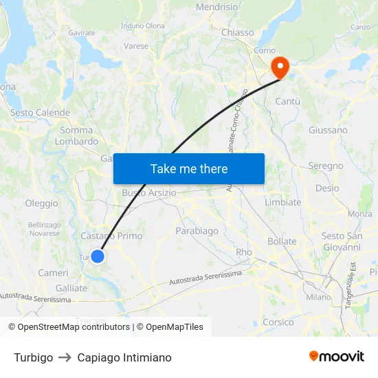 Turbigo to Capiago Intimiano map