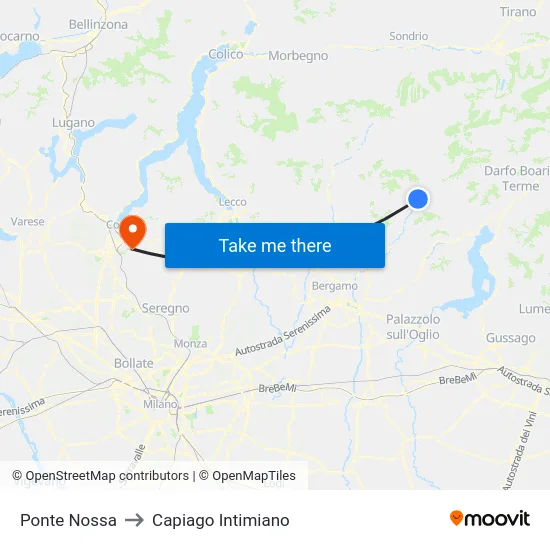 Ponte Nossa to Capiago Intimiano map