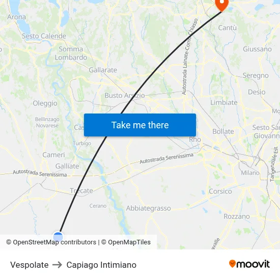 Vespolate to Capiago Intimiano map