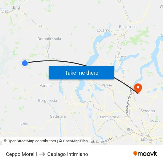 Ceppo Morelli to Capiago Intimiano map