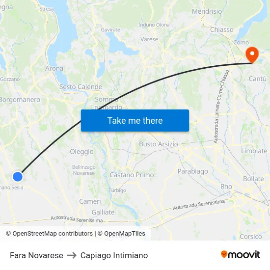 Fara Novarese to Capiago Intimiano map