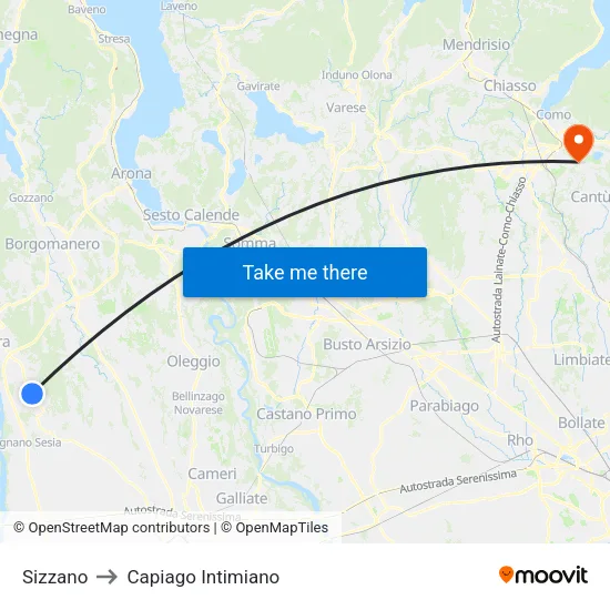 Sizzano to Capiago Intimiano map