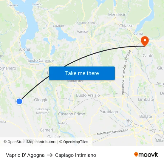 Vaprio D' Agogna to Capiago Intimiano map