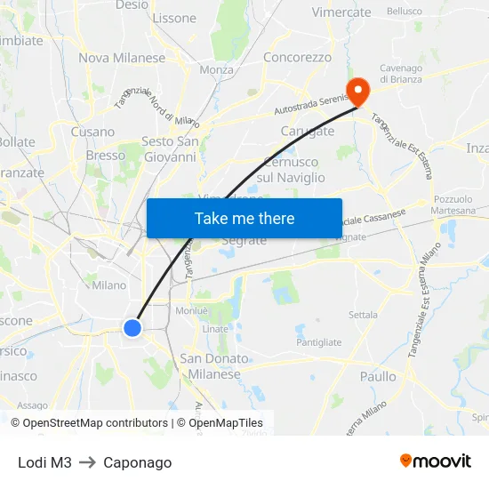 Lodi M3 to Caponago map