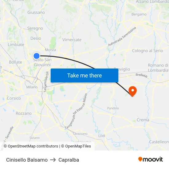 Cinisello Balsamo to Capralba map
