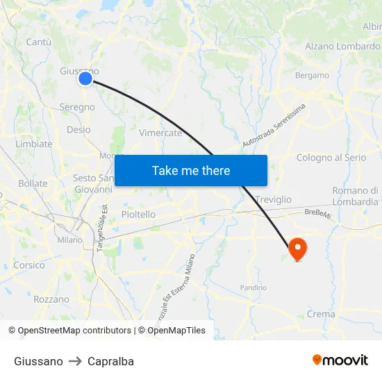 Giussano to Capralba map