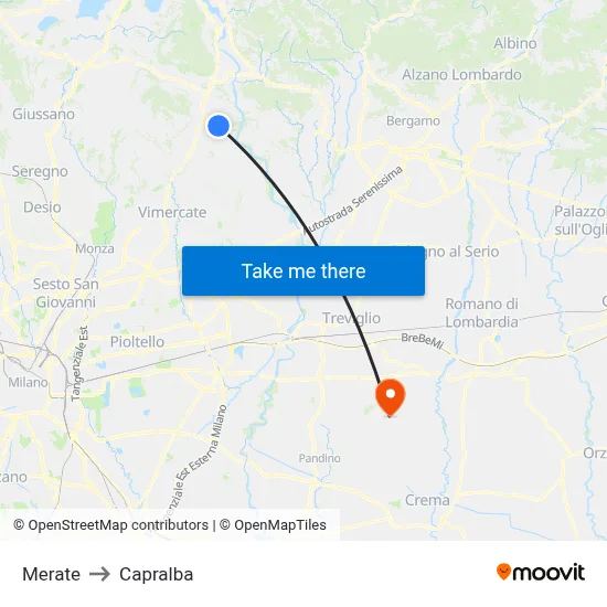 Merate to Capralba map
