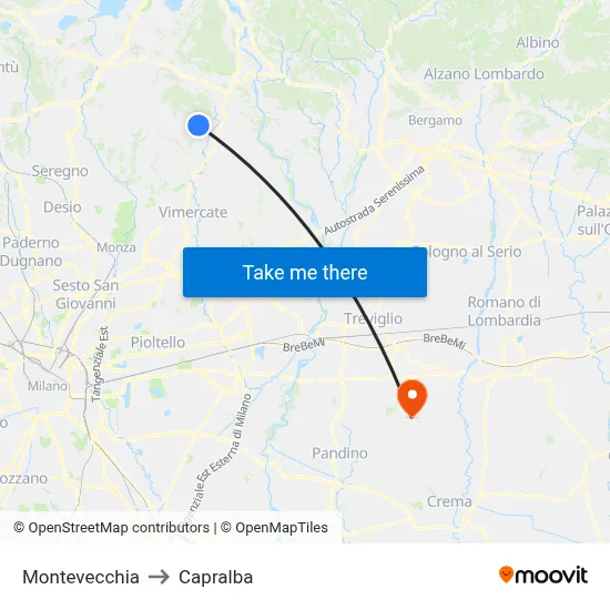 Montevecchia to Capralba map