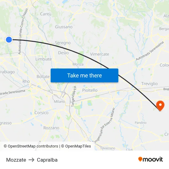 Mozzate to Capralba map