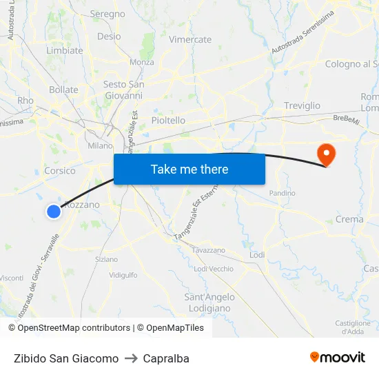 Zibido San Giacomo to Capralba map