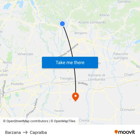 Barzana to Capralba map