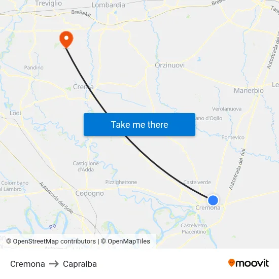 Cremona to Capralba map