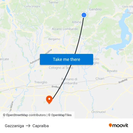 Gazzaniga to Capralba map