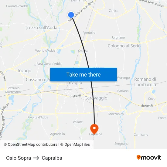 Osio Sopra to Capralba map