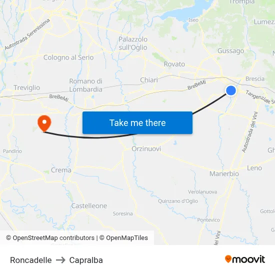 Roncadelle to Capralba map