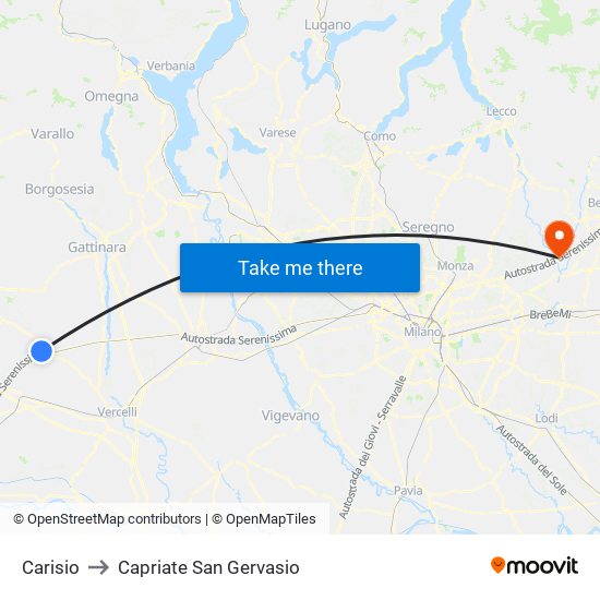 Carisio to Capriate San Gervasio map