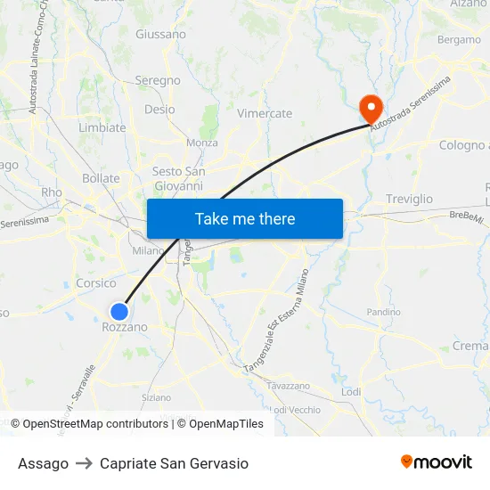 Assago to Capriate San Gervasio map