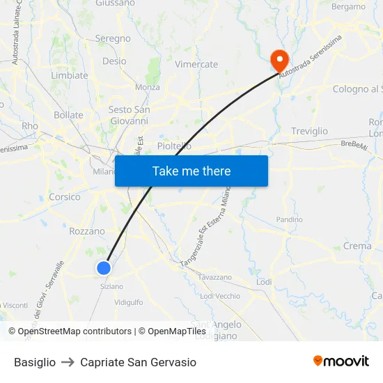 Basiglio to Capriate San Gervasio map
