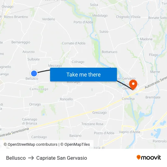 Bellusco to Capriate San Gervasio map