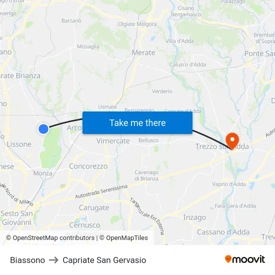 Biassono to Capriate San Gervasio map