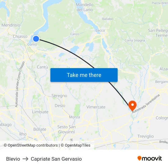 Blevio to Capriate San Gervasio map