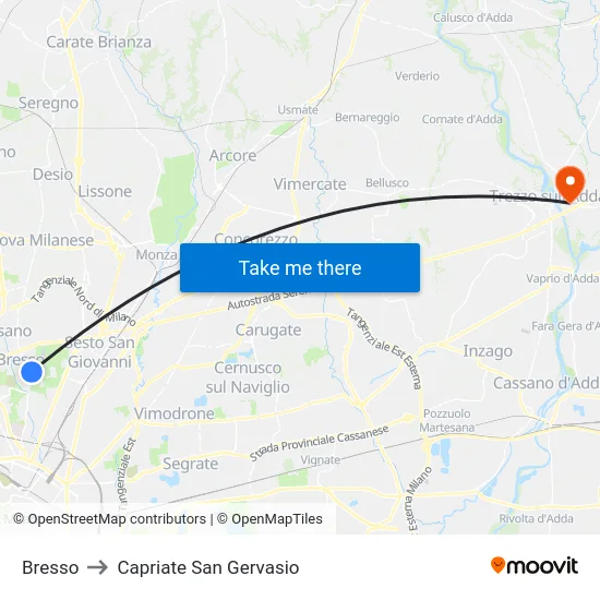 Bresso to Capriate San Gervasio map